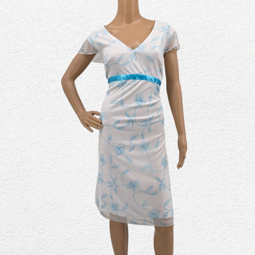 Vintage y2k Taboo Midi Dress White Blue Faux Wrap Glitter Floral Fairy Size XL
